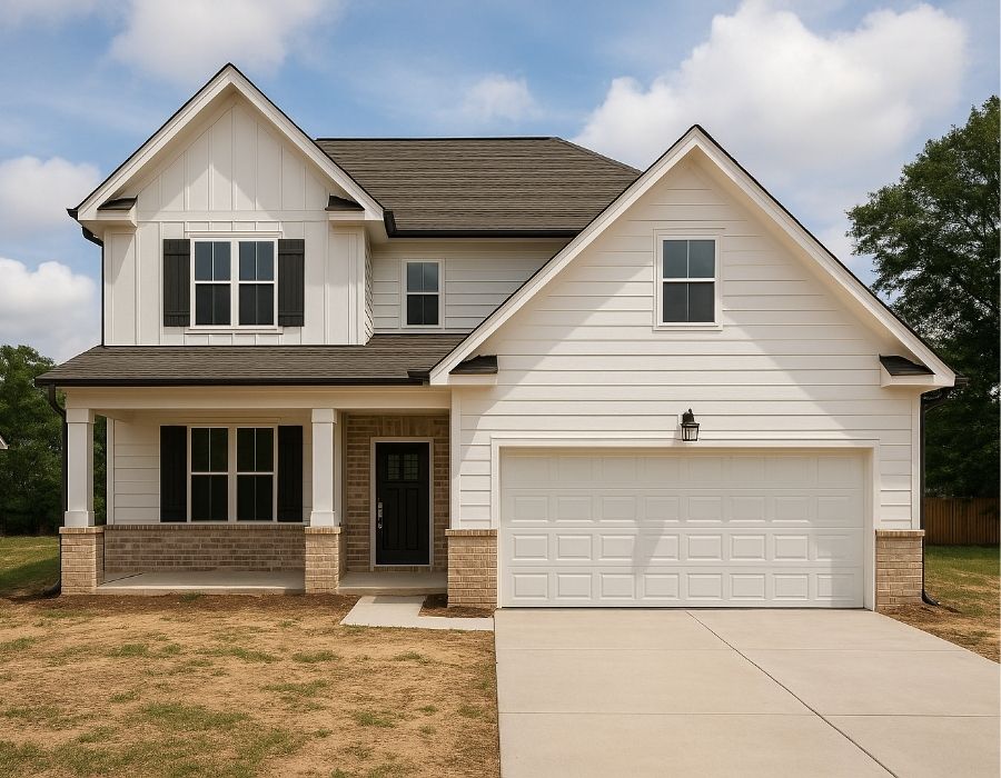 Newly built modern farmhouse-style two-story home with white siding, black shutters, brick accents, and a two-car garage in a suburban neighborhood.