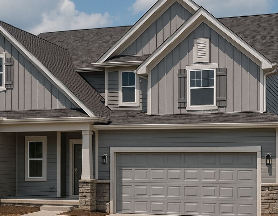 Modern spec home with gray board and batten siding, double gable roof, stone column accents, and attached two-car garage in a new residential development.