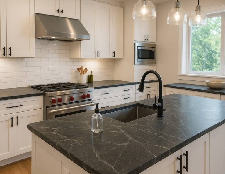 Modern kitchen with soapstone countertops, white cabinets, and stainless steel appliances