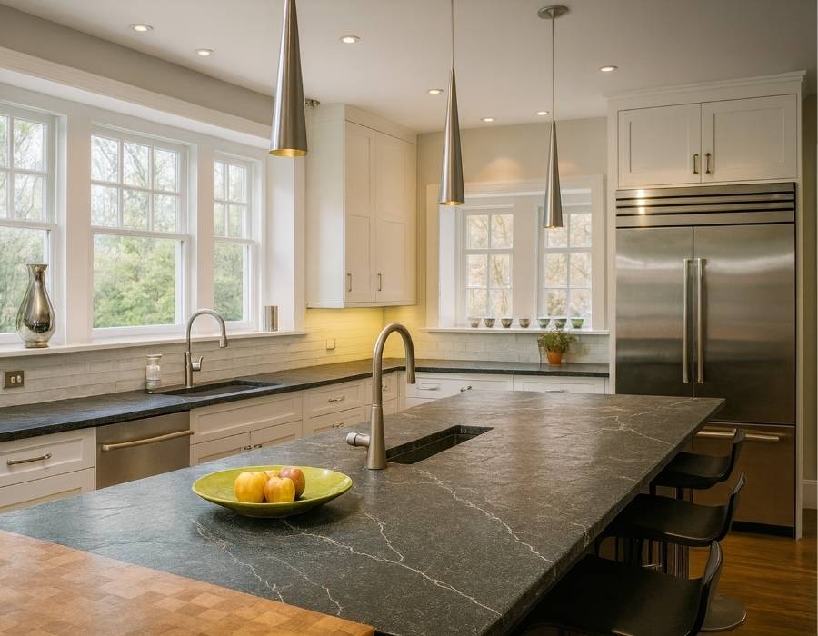Luxury kitchen with large soapstone island countertop, white cabinets, stainless steel appliances, and pendant lighting