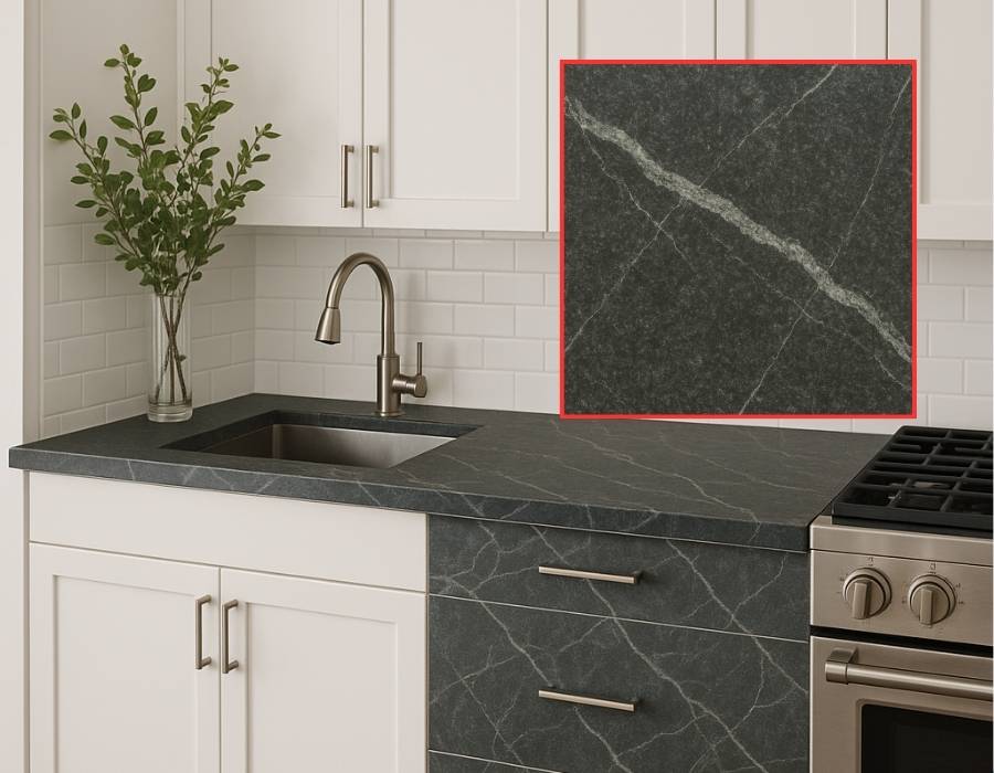 Kitchen with soapstone countertops, white cabinets, stainless steel stove, and close-up detail of soapstone surface