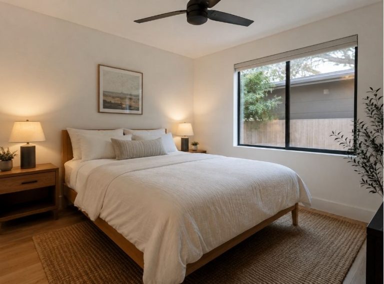 Modern ADU bedroom interior with minimalist wood bed frame, neutral bedding, large window, warm lighting, ceiling fan, and cozy contemporary decor in a small accessory dwelling unit home.
