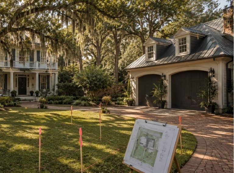 Architect and builder reviewing carriage house plans on a Savannah residential property with survey stakes, mature live oak trees, detached garage, and historic Lowcountry home in the background.