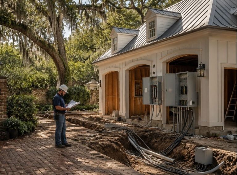 Luxury Savannah carriage house under construction with electrical utility installation, detached guest cottage, underground service connections, mature live oak trees with Spanish moss, and upscale Lowcountry residential architecture.