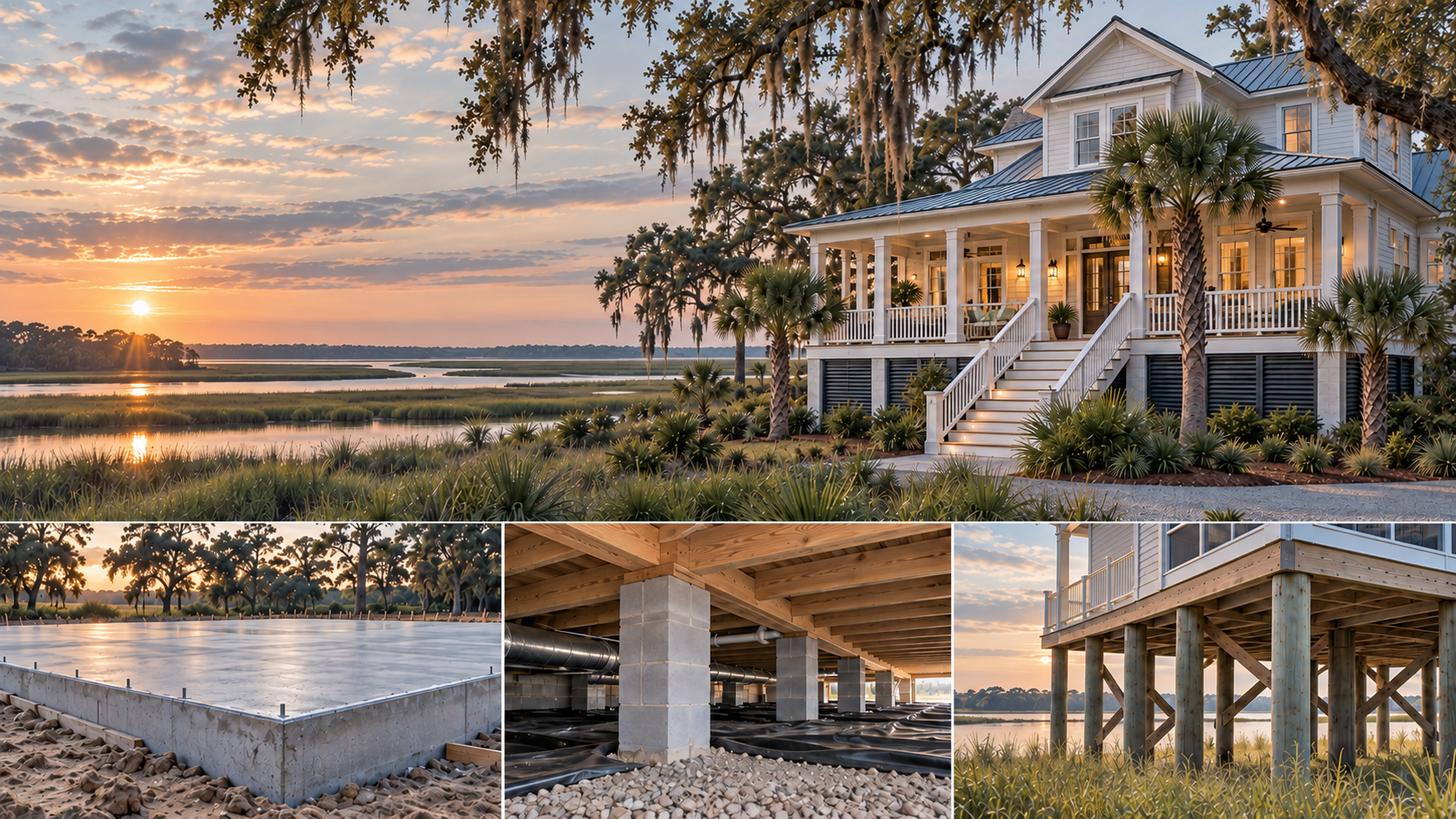 Coastal custom home in Savannah, GA, overlooking marshland at sunset, with a comparison of concrete slab, crawl space, and piling foundations.