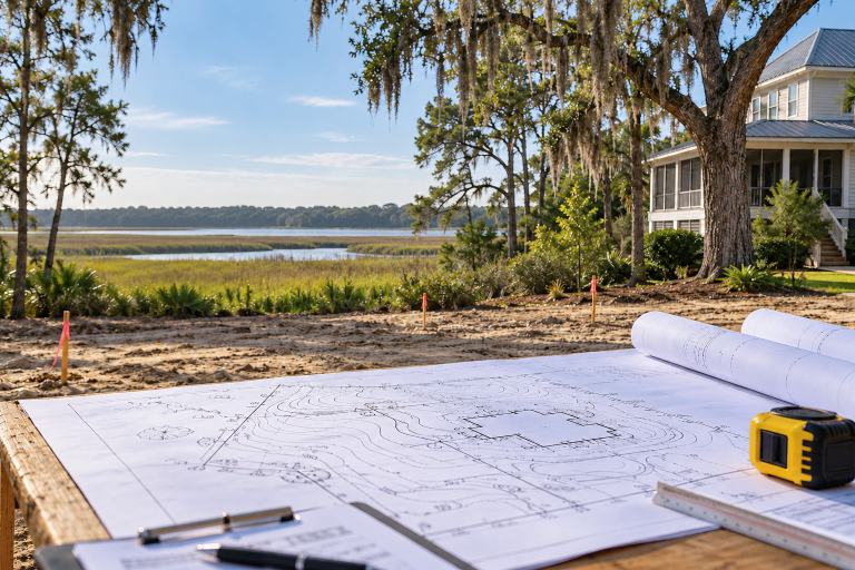 Custom home site plans and surveying equipment on a coastal Savannah property before construction.